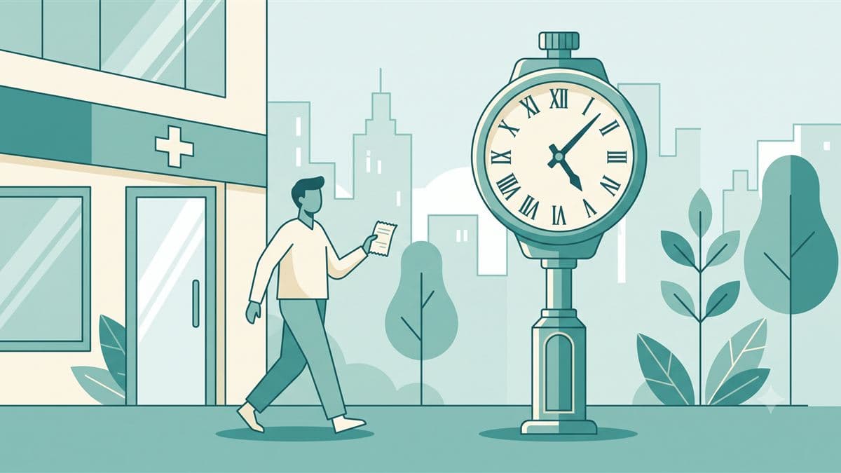 Ilustração de relógio e documento digital representando declaração de comparecimento médico